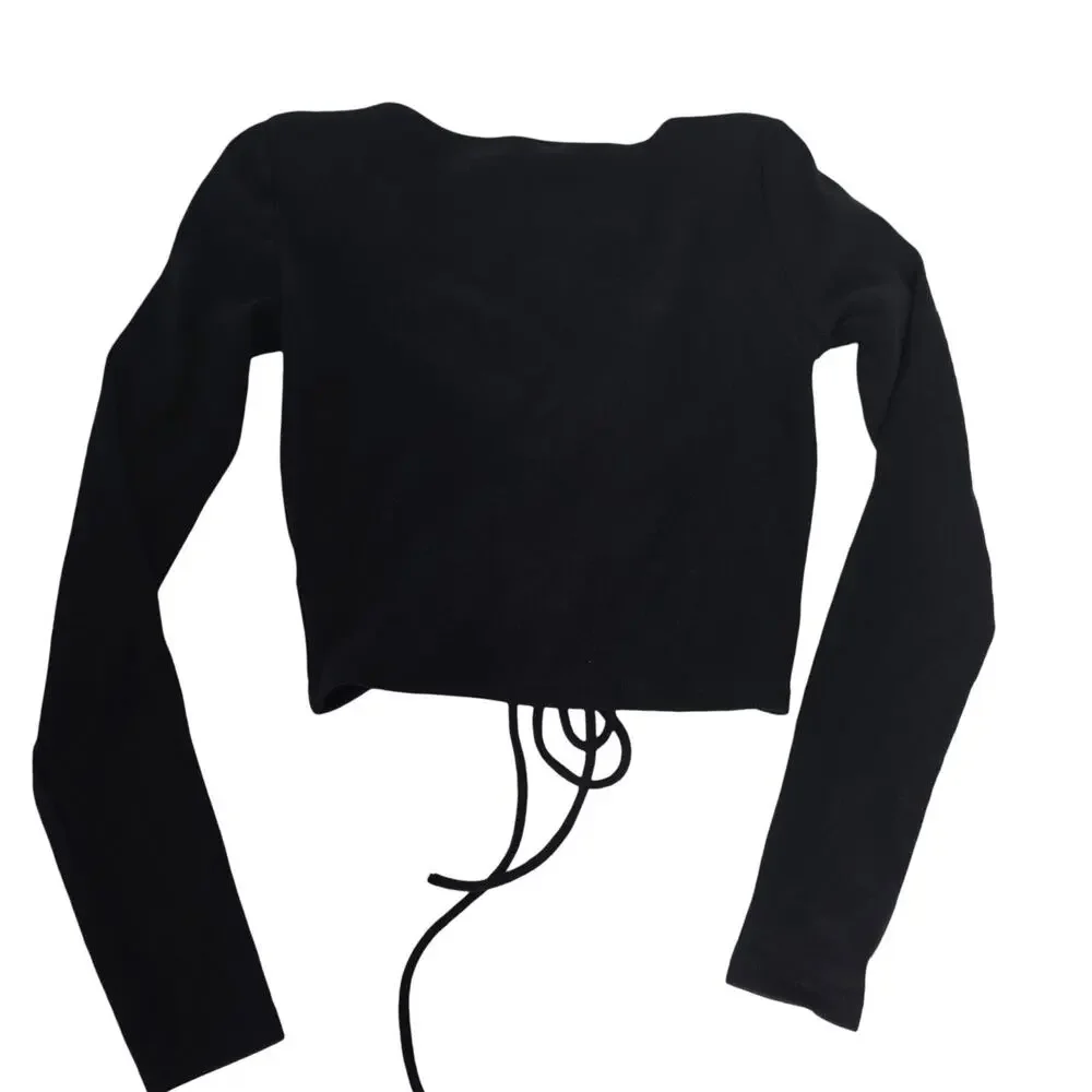 ZARA Black Ribbed Ruched Drawstring Crop Top Long Sleeve Women's Size M Coquette